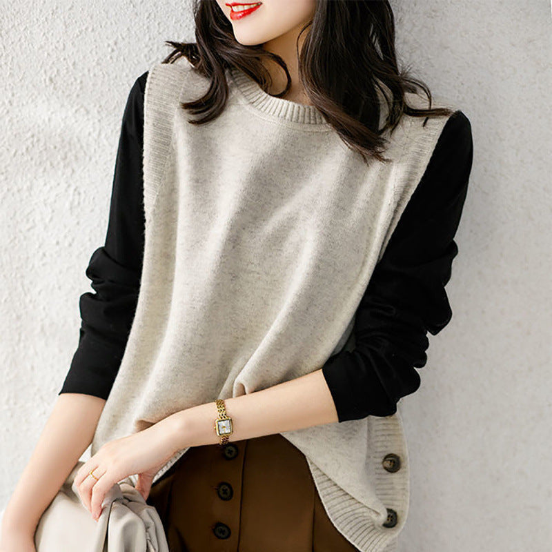 Damen Strickweste Dekorative Knöpfe Hochwertig Beige