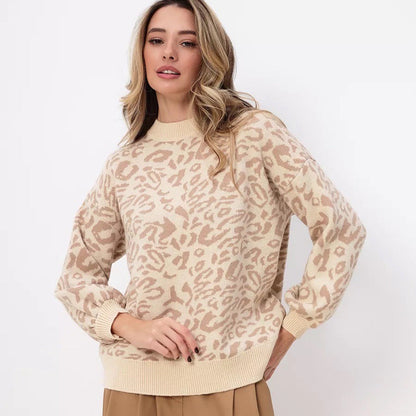 Damen Grobstrickpullover Leopardenmuster Lässiger Schnitt