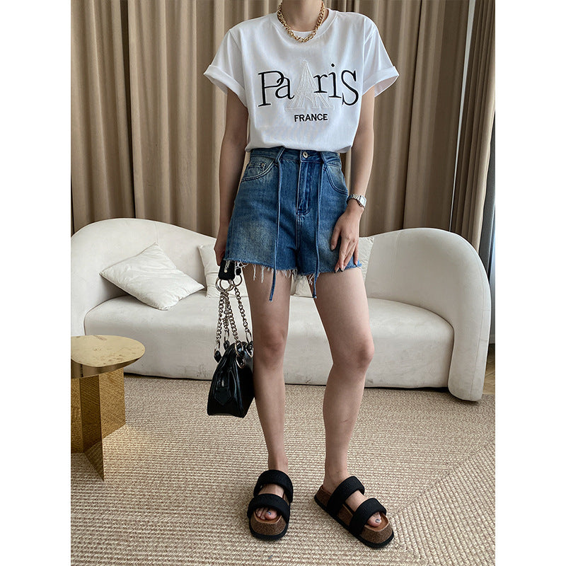Damen Hochtaillen Jeansshorts Dekoratives Schnürdetail Französer Saum