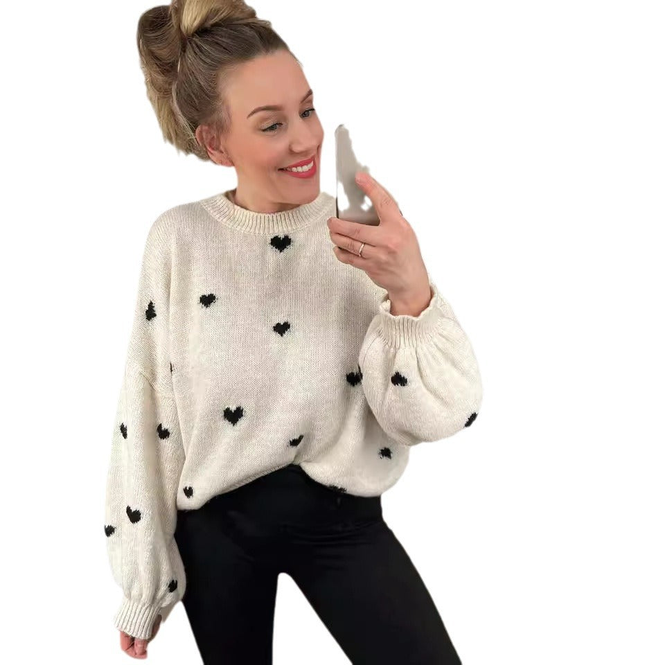 Damen Strickpullover Weit Kuschelig Herzmotiv Norvielle