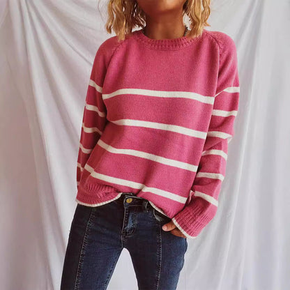 Damen Strickpullover Gestreift Mit Kragen