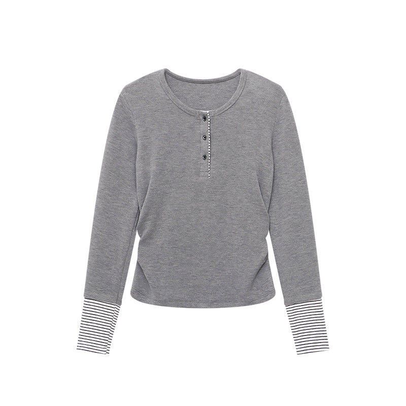 Damen Langarmshirt Gestreift Knopfverschluss Weiß
