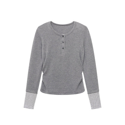 Damen Langarmshirt Gestreift Knopfverschluss Weiß