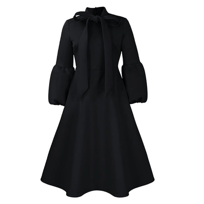 Damen Midi-Kleid Längere Puffärmel Elegante Schleife