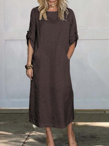 Damen Leinen-Midikleid mit Seitentaschen und Umschlagärmeln Beige