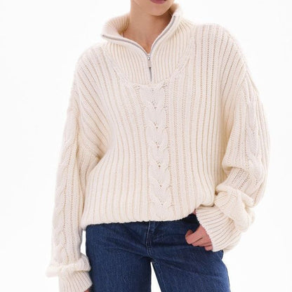 Damen Grobstrickpullover Zip-Kragen Zopf-Design Norvielle