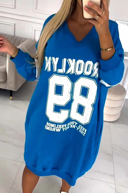 Damen Oversized Kleid Sportlich Grafikdruck V-Ausschnitt