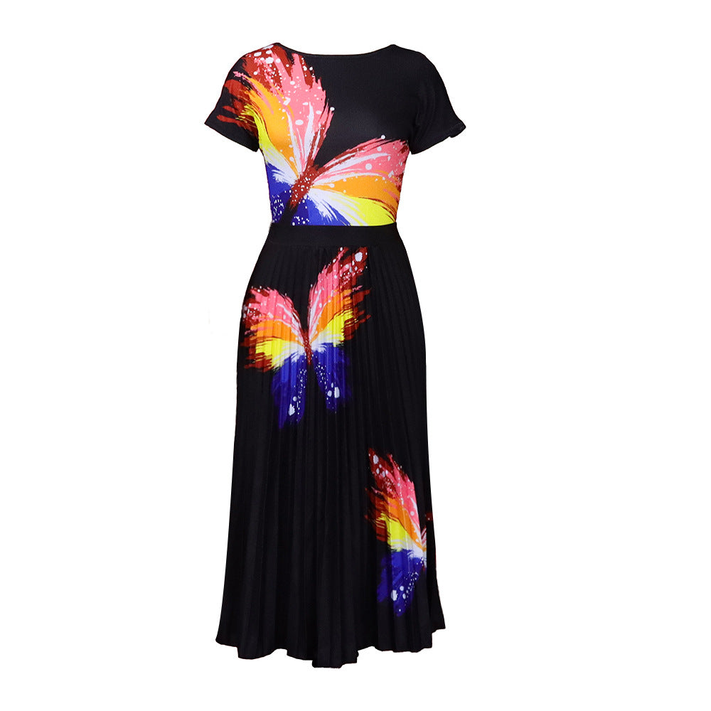 Damen Maxikleid Bunt Schmetterling Plisseefalte