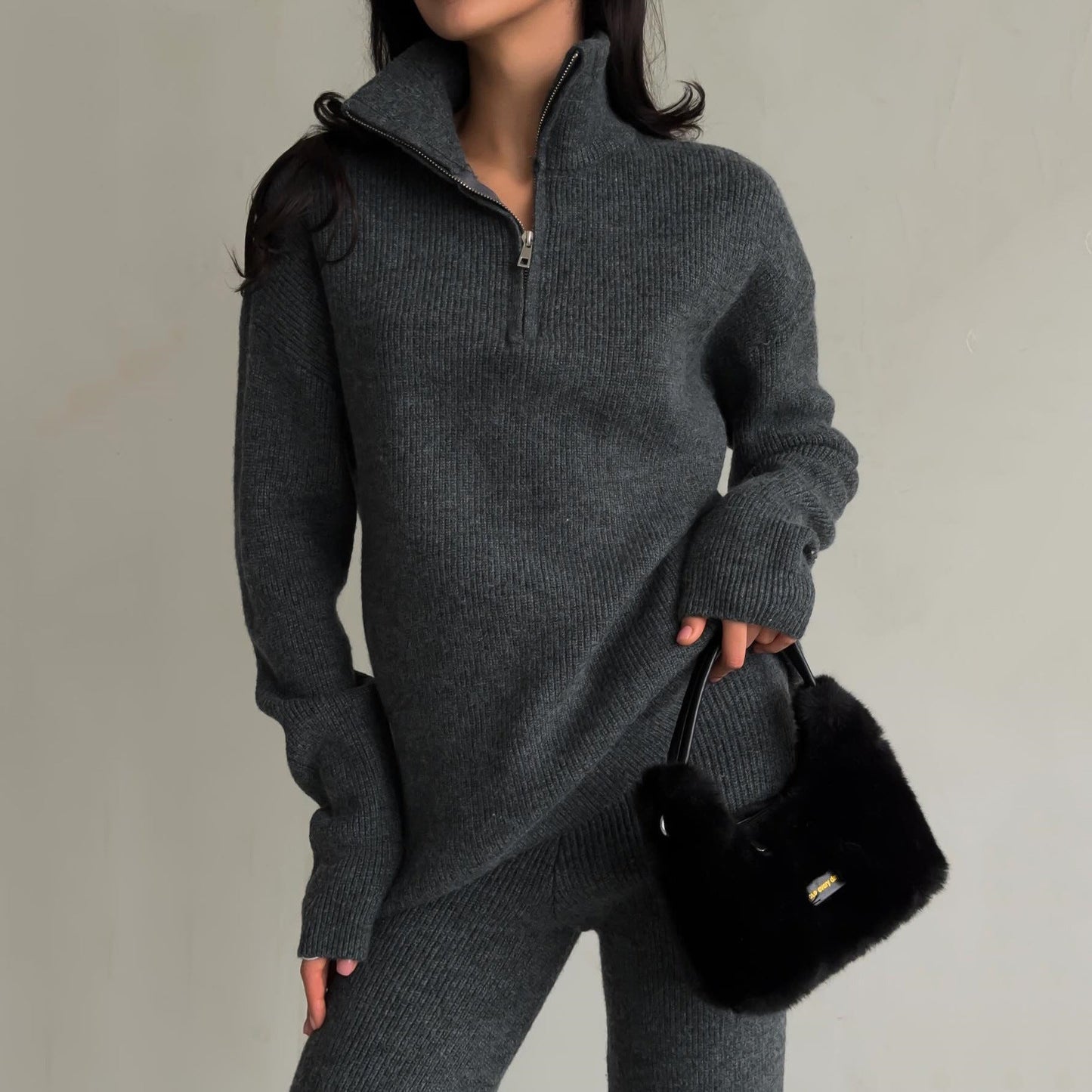Damen Strickpullover Oversized mit Reißverschluss und hohem Kragen
