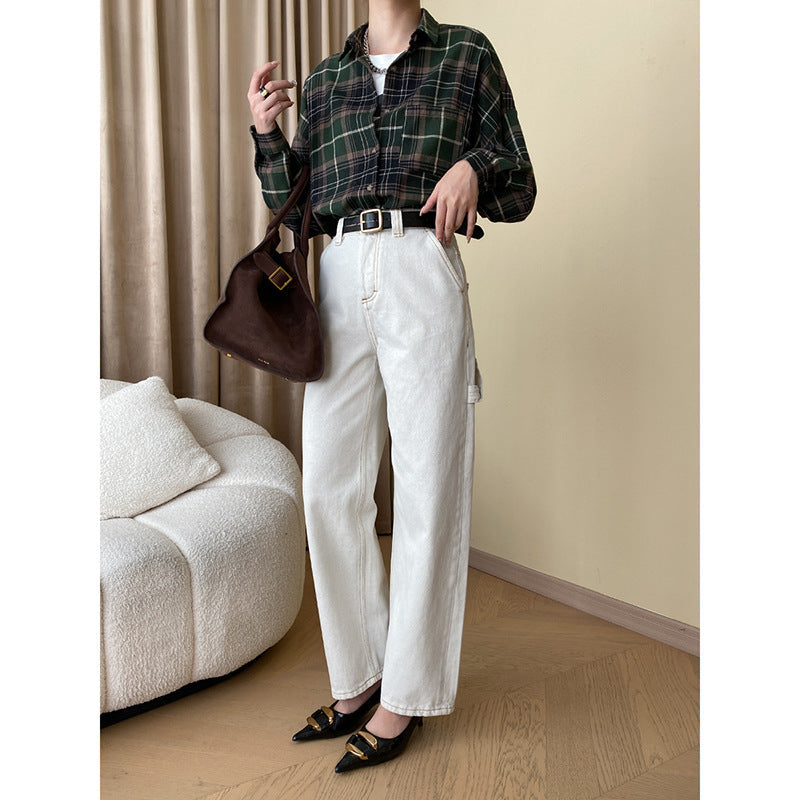 Damen Chino-Hose Hochtailliert Gerader Schnitt Beige