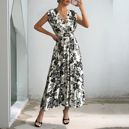 Damen Maxikleid Floralmuster Taillengürtel