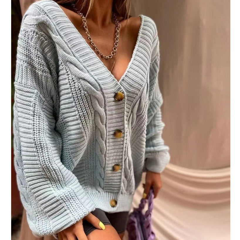 Damen Grobstrickjacke Voluminöse Ärmel Knopf Detail Norvielle - Norvielle