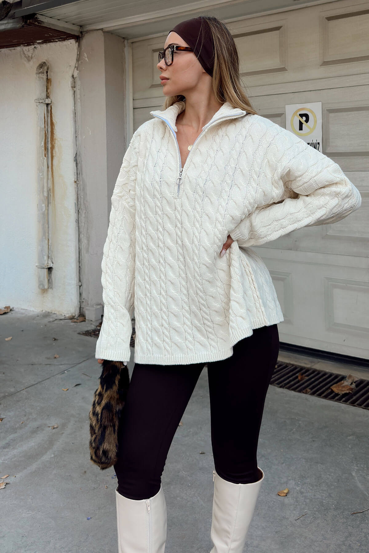 Damen Strickpullover Doppelreißverschluss Hochkragen Norvielle