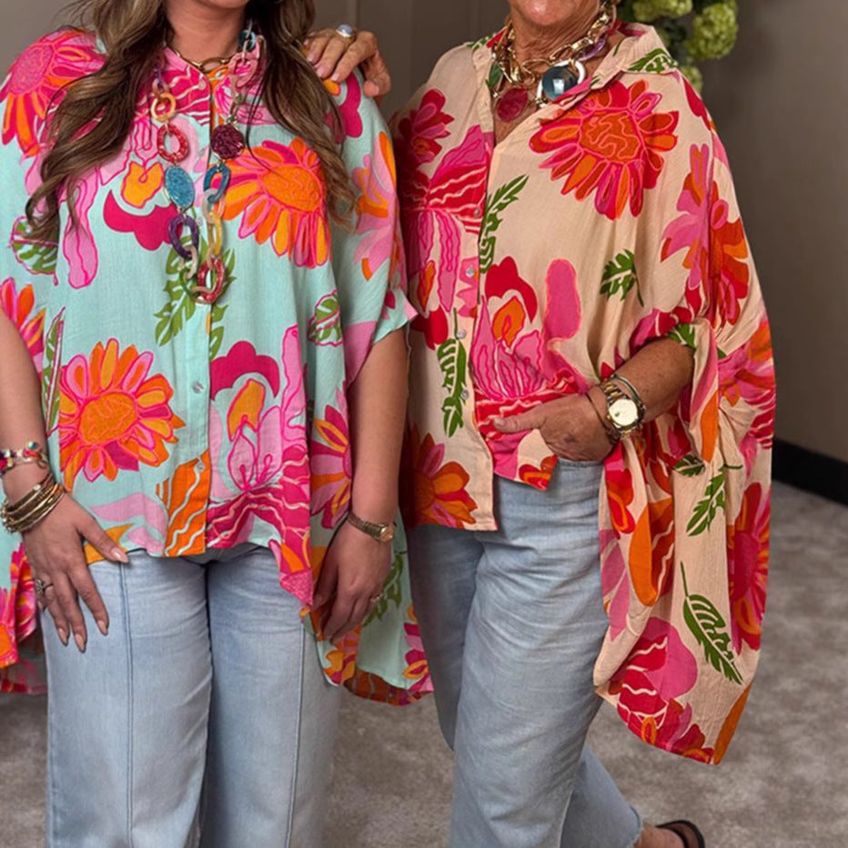 Damen Bluse Kimono-Style bunt Blumenmuster