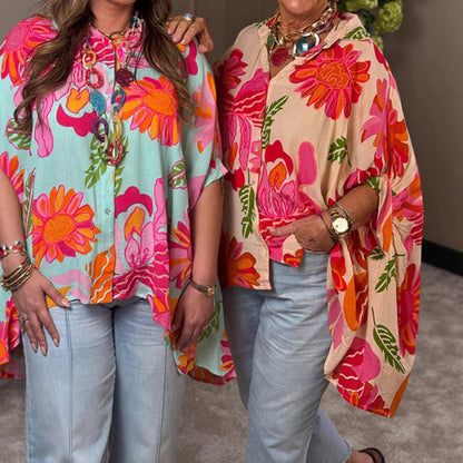 Damen Bluse Kimono-Style bunt Blumenmuster