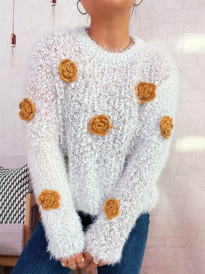 Damen Strickpullover Kuschelig Floralmuster Beige