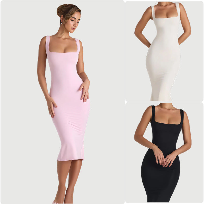 Damen Midi-Kleid Figurumspielend Quadratischer Ausschnitt Schwarz - Norvielle