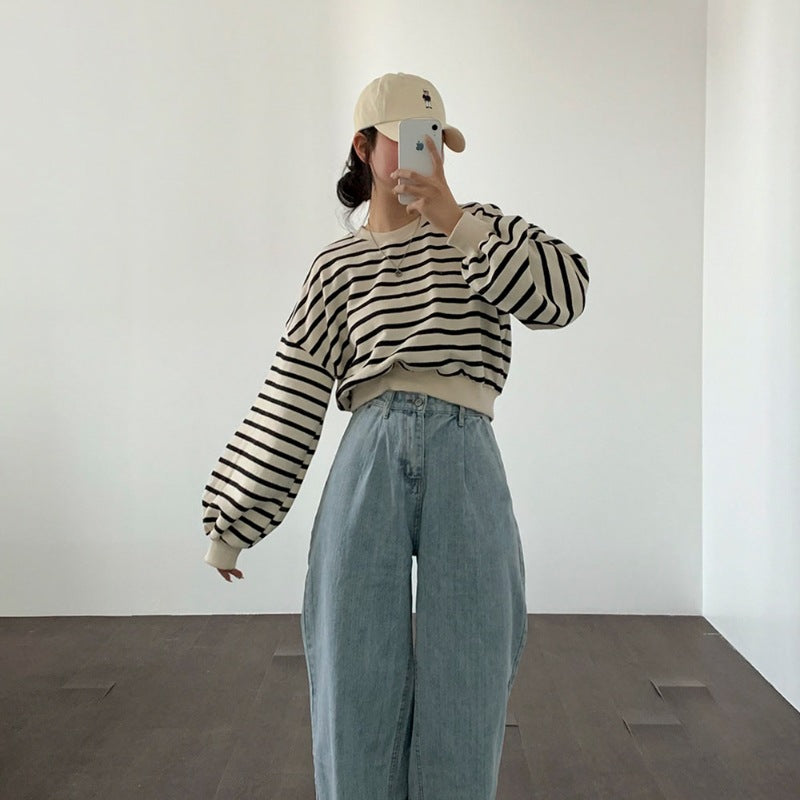 Damen Sweatshirt Streifen Puffärmel Weiß