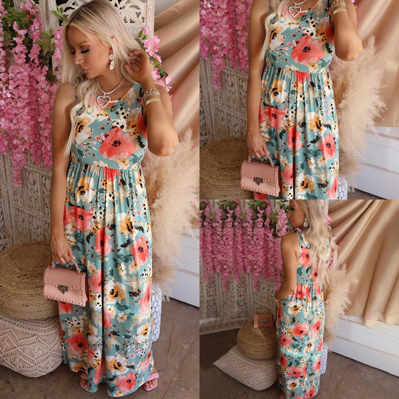 Damen Maxikleid Florales Design Elastischer Taillenbund