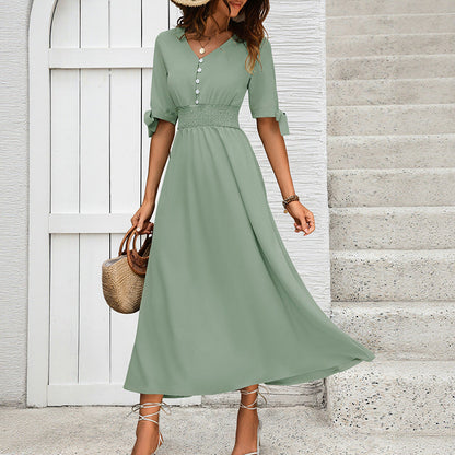 Damen Maxikleid mit Taillengürtel und Knöpfen