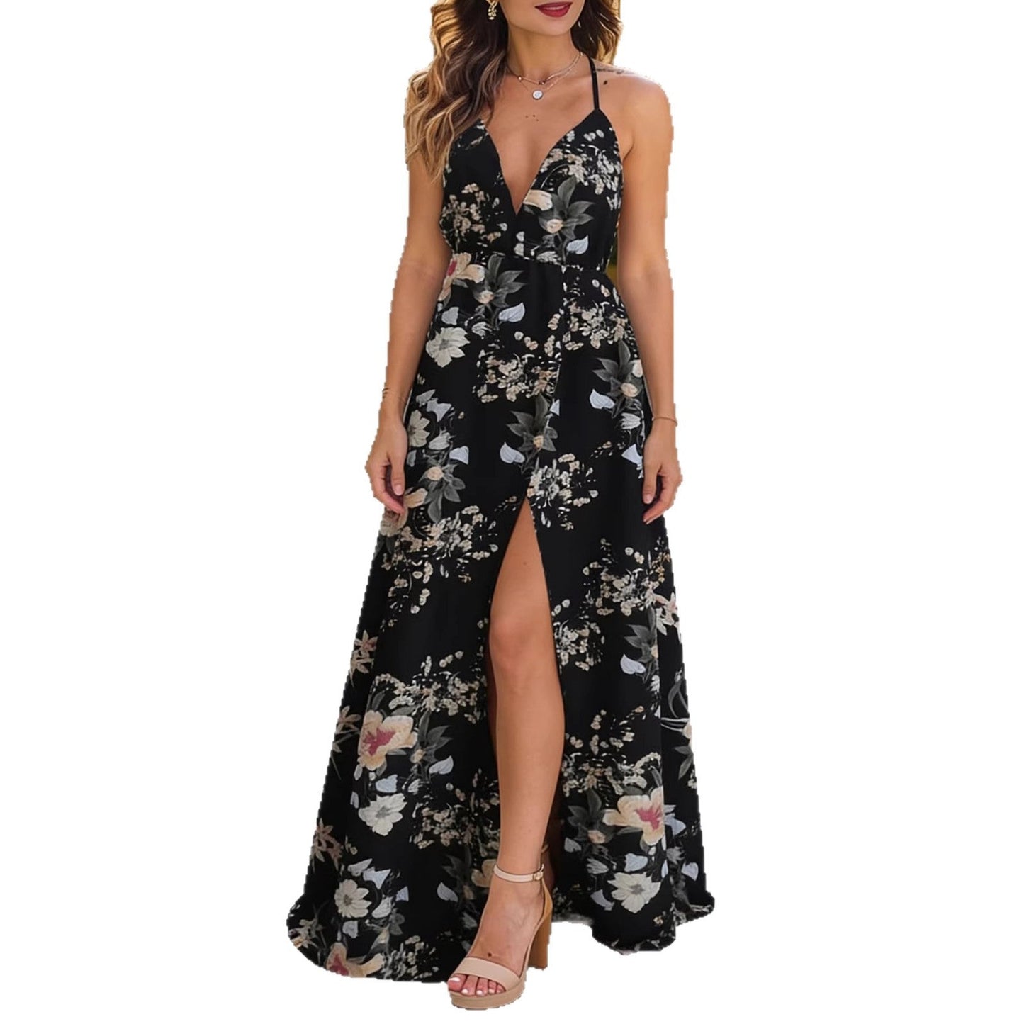 Damen Maxikleid A-Linie V-Ausschnitt Blumenmuster Norvielle