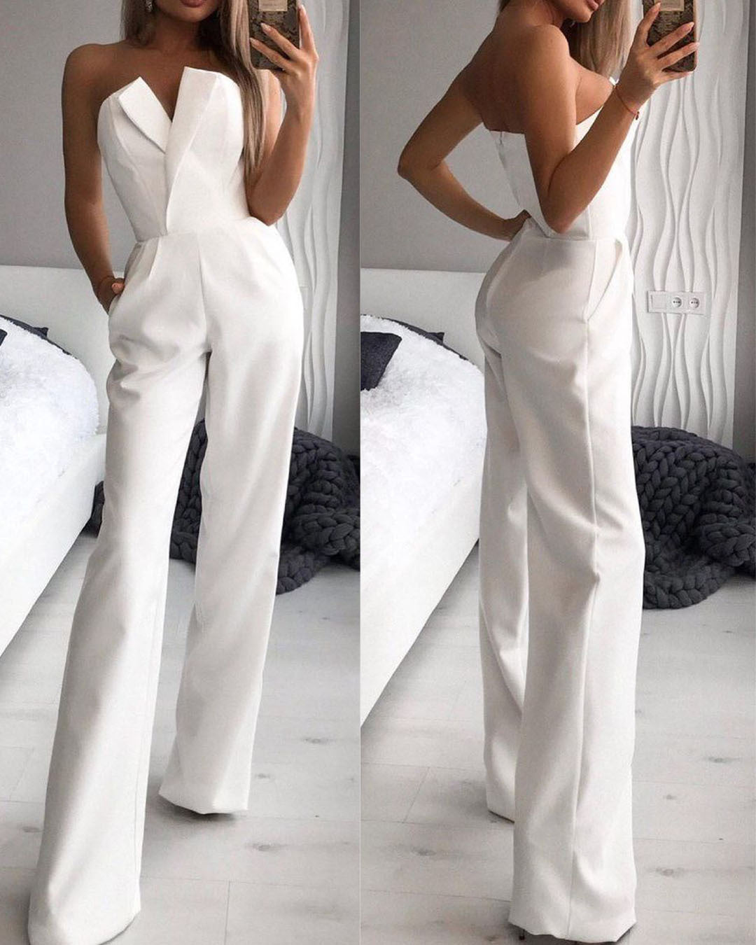 Damen Jumpsuit V-Ausschnitt Weites Bein Norvielle