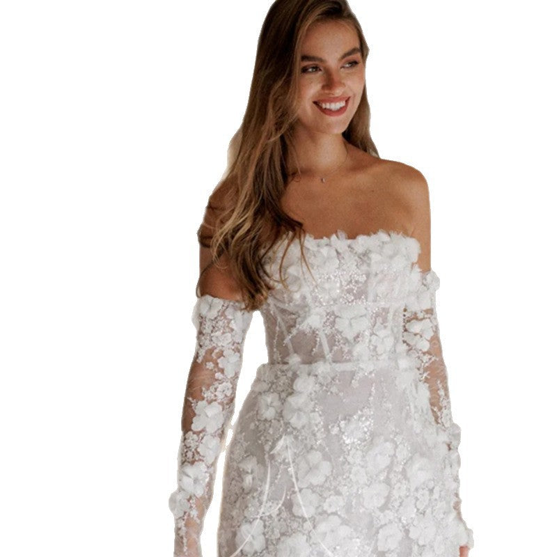 Damen Hochzeitskleid Florales Design Transparente Ärmel Weiß
