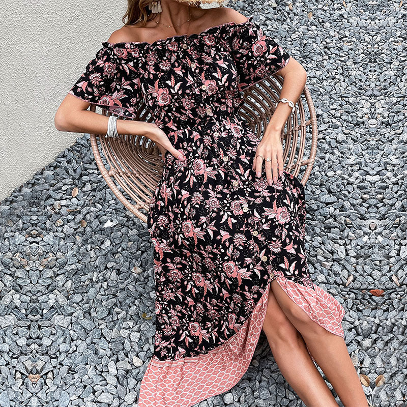Damen Off-Shoulder Maxikleid mit floralem Muster und hohem Schlitz