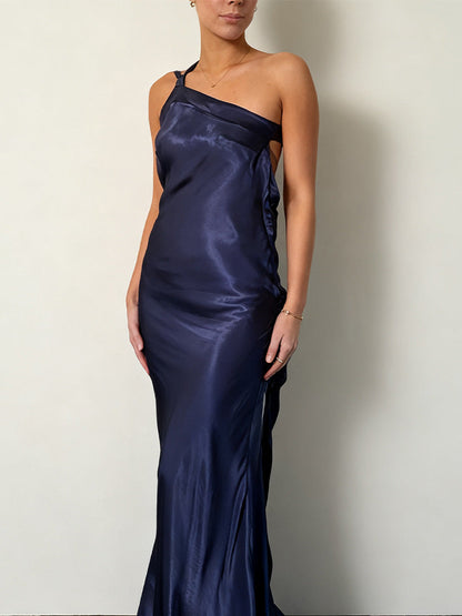 Damen Maxikleid Asymmetrischer Halter Satin Schimmernd