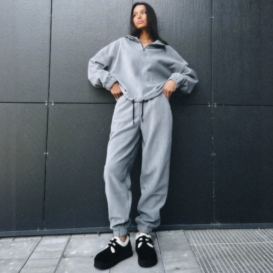 Damen Fleece-Sweatanzug Halbzipp Elastischer Bund