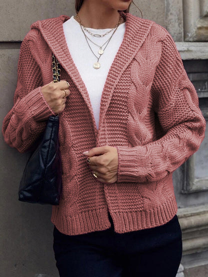 Damen Grobstrick-Cardigan mit Kapuze und Zopfmuster