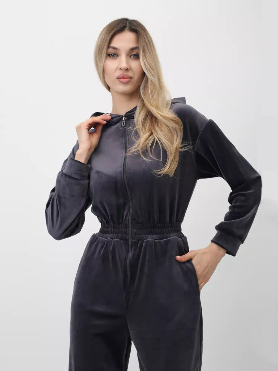 Damen Fleece-Jumpsuit Weich Hohler Kragen Tailliert