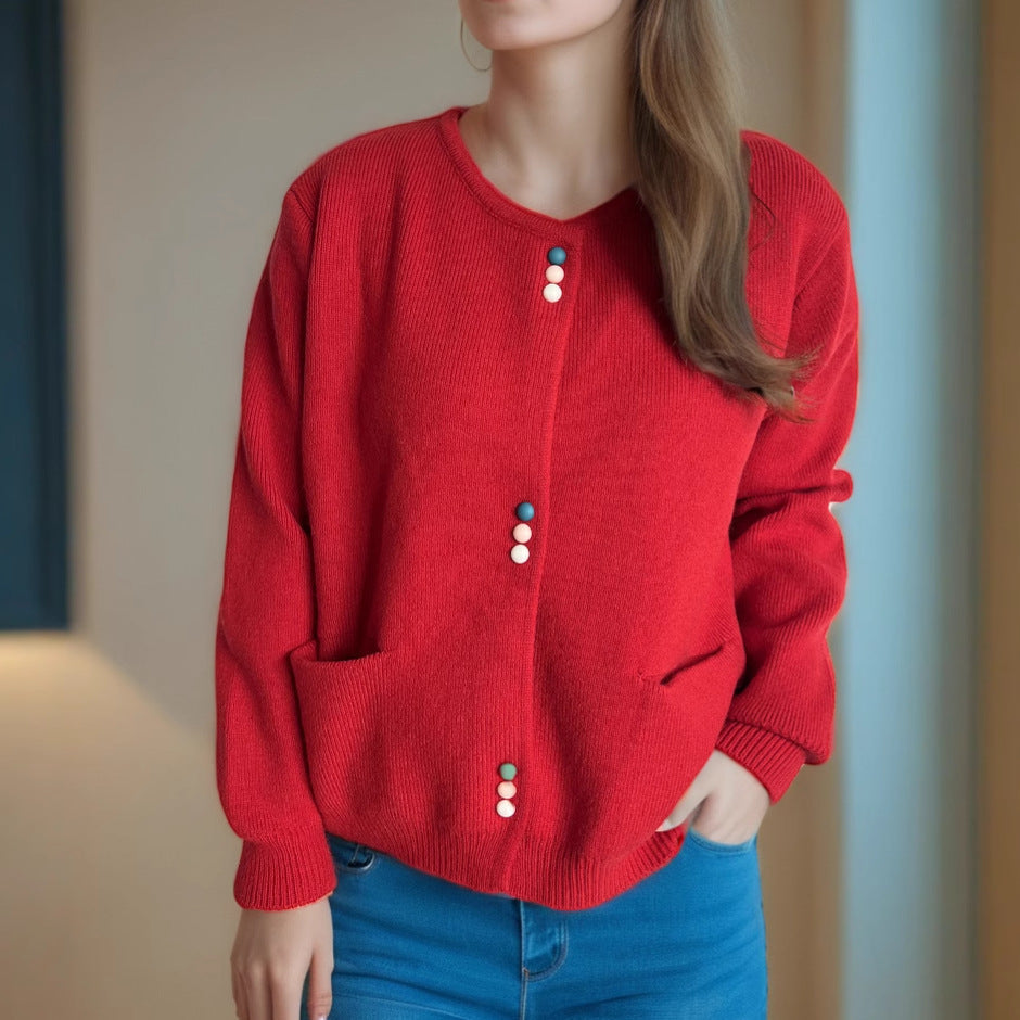 Damen Strickjacke Bunt Knöpfe Taschen Norvielle