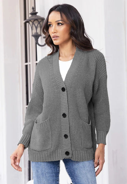 Damen Cardigan Grobstrick Mit Taschen V-Ausschnitt Beige