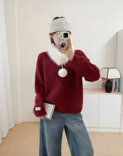 Damen Strickpullover Kuschelig Abnehmbarer Kragen Beige