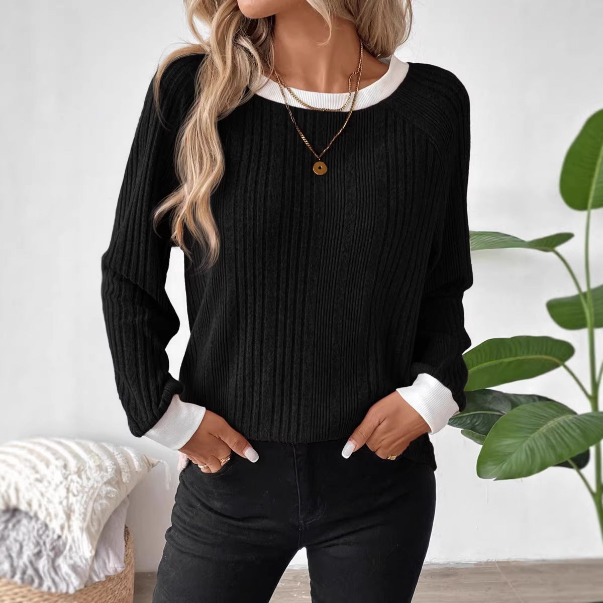 Damen Pullover Lässig Rippenstrick Kontrastbesatz Norvielle