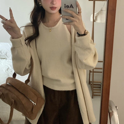 Damen Strickpullover Flauschig Offene Ärmel Beige