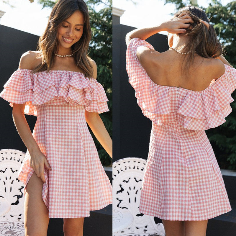 Damen Sommerkleid Schulterfrei Rüschen Karomuster - Norvielle