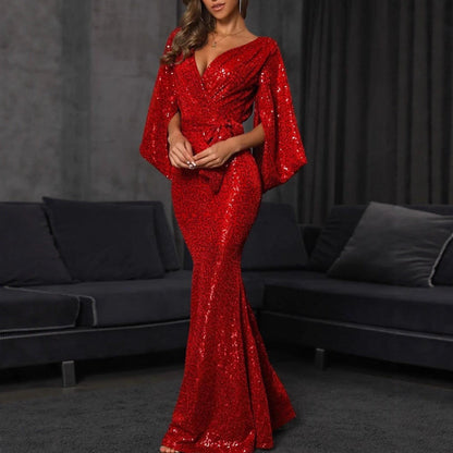 Damen Pailletten Mermaid-Kleid V-Ausschnitt Voluminöse Ärmel Norvielle