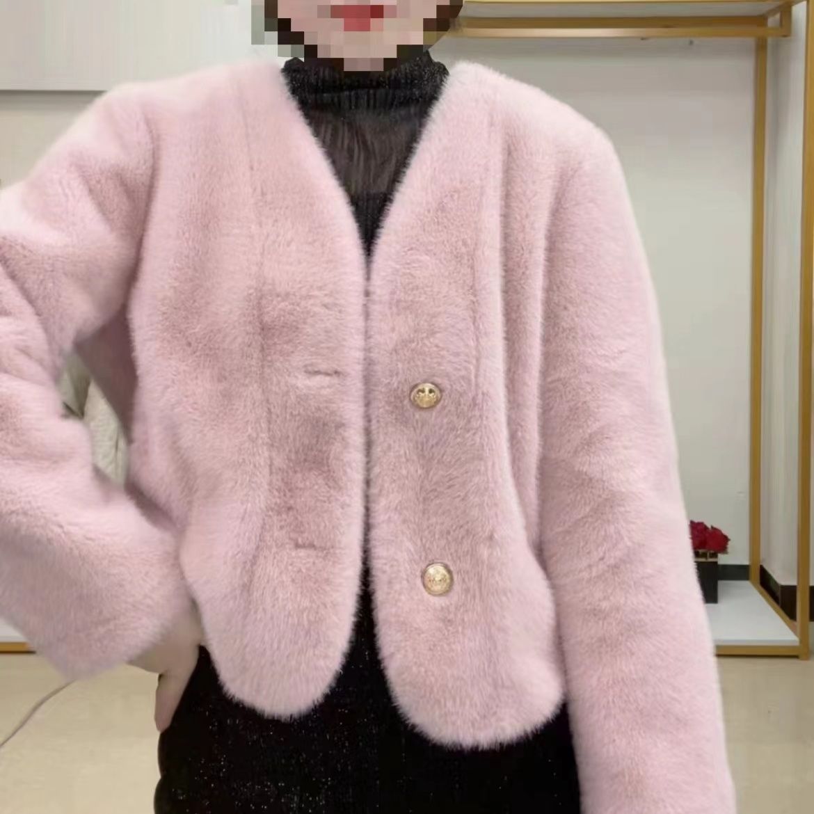 Damen Kurzjacke Flauschig mit Knöpfen Norvielle