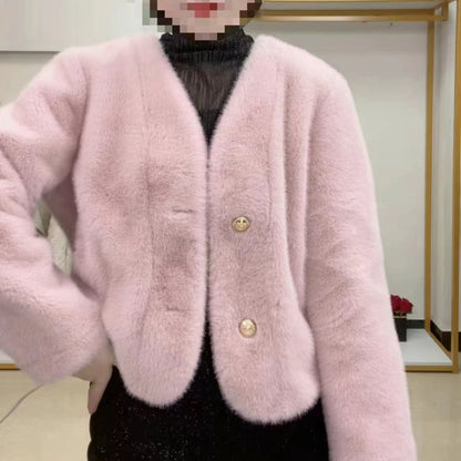Damen Kurzjacke Flauschig mit Knöpfen Norvielle