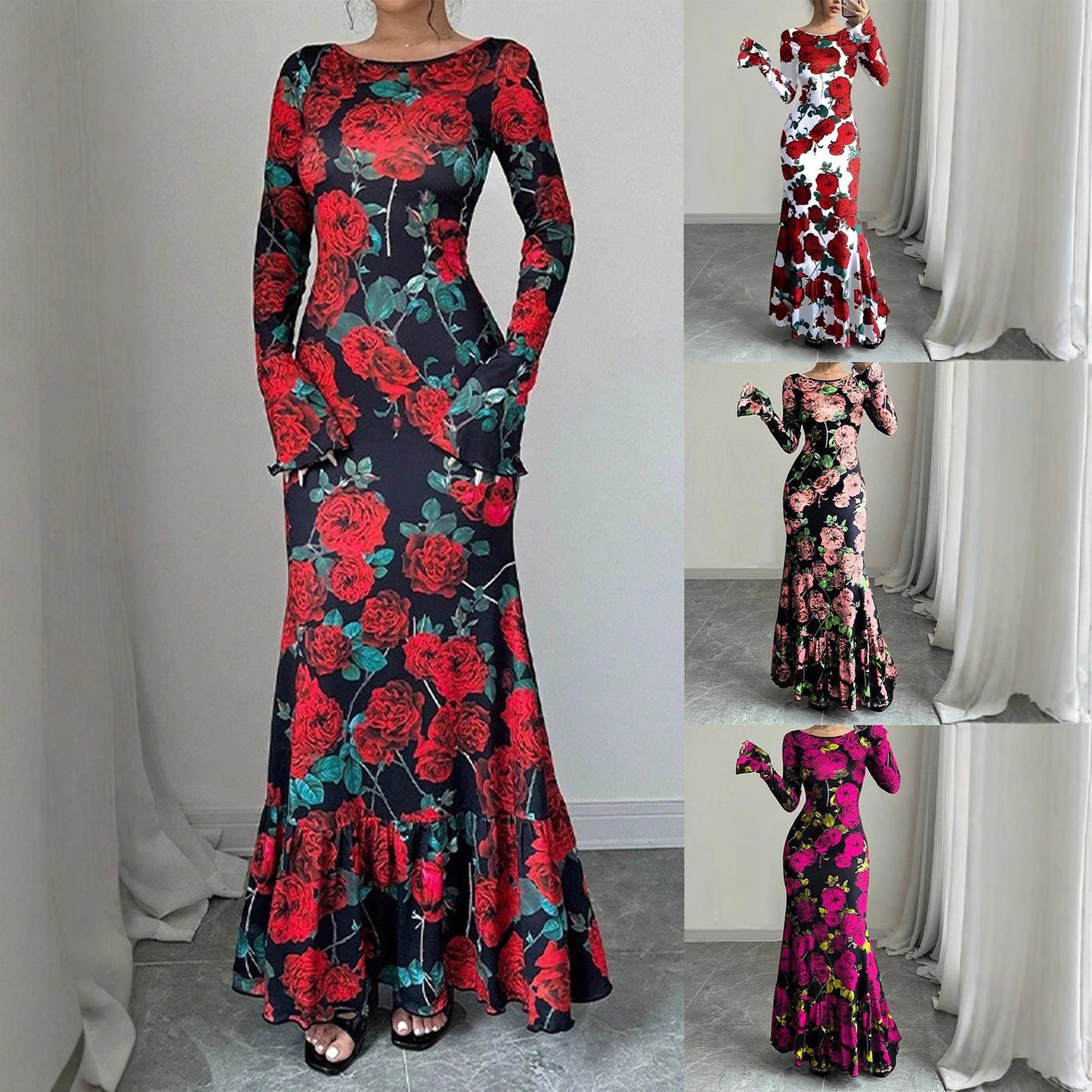 Damen Maxikleid mit Rüschendetails Langarm Floral Schwarz - Norvielle