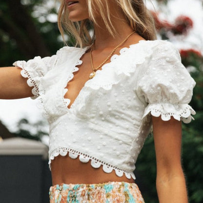 Damen Crop- Blumenmuster Spitzenbesatz Norvielle