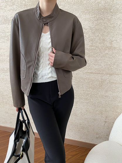 Damen Kunstlederjacke Stehkragen Praktische Taschen