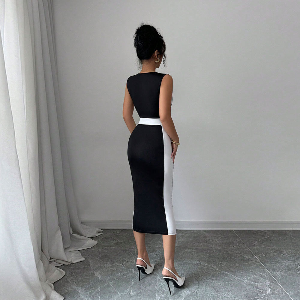 Damen Midi-Kleid Figurbetont Kontrastschnitt Schmale Träger Norvielle