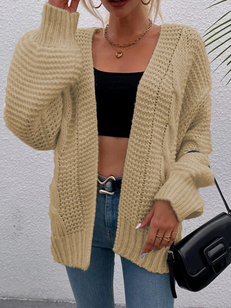 Damen Grobstrick-Cardigan Offene Taschen Lässiger Schnitt Beige