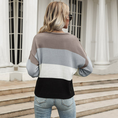Damen Strickpullover Leichter Streifenmuster Locker Beige