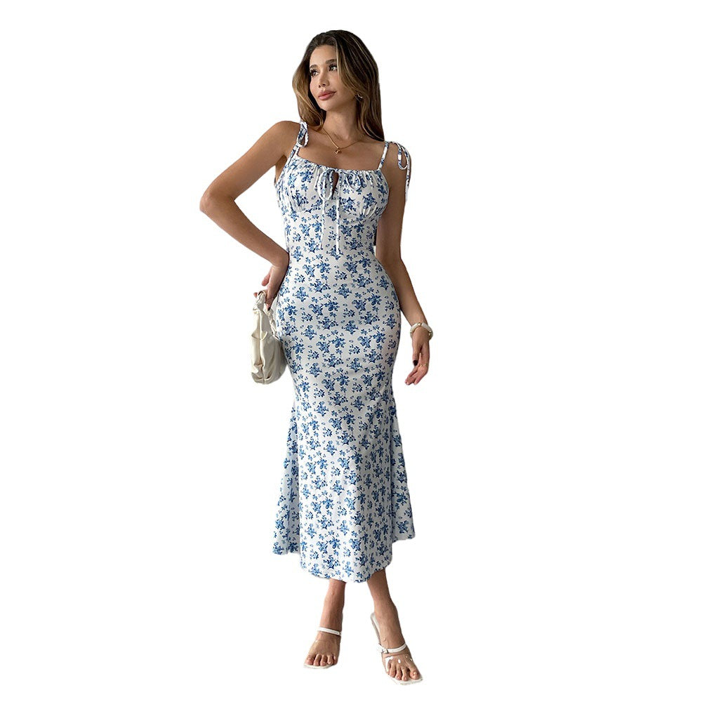 Damen Maxikleid Blumenmuster Verstellbare Träger Fließend Anthrazit