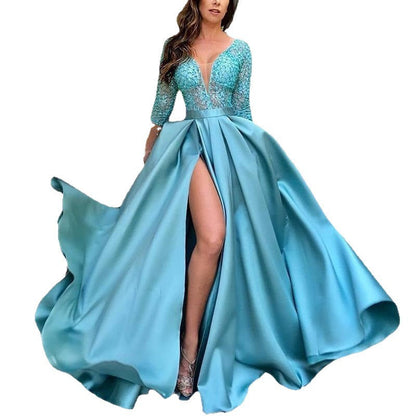 Damen Abendkleid Schimmerstoff V-Ausschnitt Reißverschluss