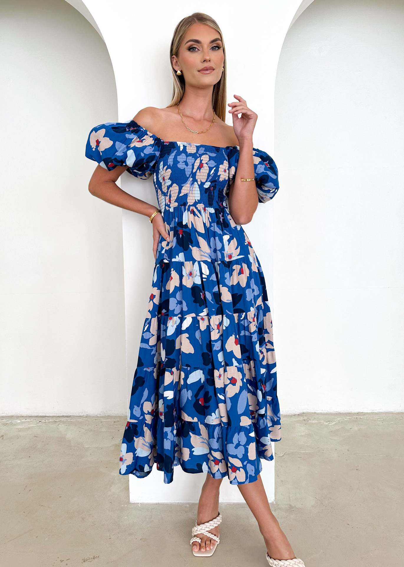 Damen Maxikleid Schulterfrei Voluminöse Puffärmel Norvielle